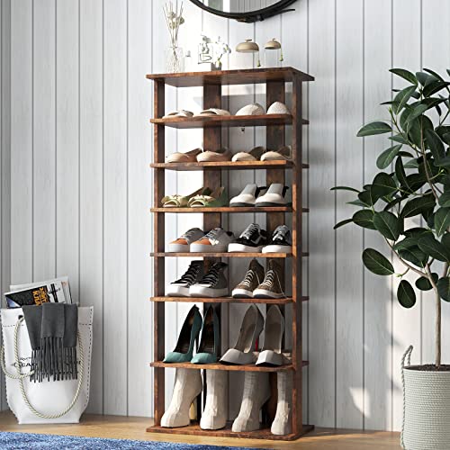 COSTWAY 7 Tiers Shoe Rack, Double Rows Vertical Tall Narrow Patented Shoe Organizer, Free Standing Shoe Rack for Small Space, Entryway, Closet, Living Room, Bedroom (Rustic Brown) - color: Rustic Brown