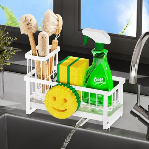 Sponge Holder for Kitchen Sink,Sink Caddy with Removable Dish Brush Holder,Self-Draining Kitchen Countertop Organizers and Storage Essentials,Soap Dispenser Organize and Home Decor-White - color: 1 Tier White-Tray