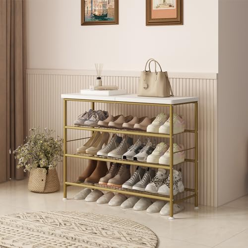 SUOERNUO Shoe Rack Organizer 4 Tier for Closet Entryway Free Standing Metal Storage Shoe Shelf with MDF Top Board，Gold - color: Gold, size: Standard 4 Tier
