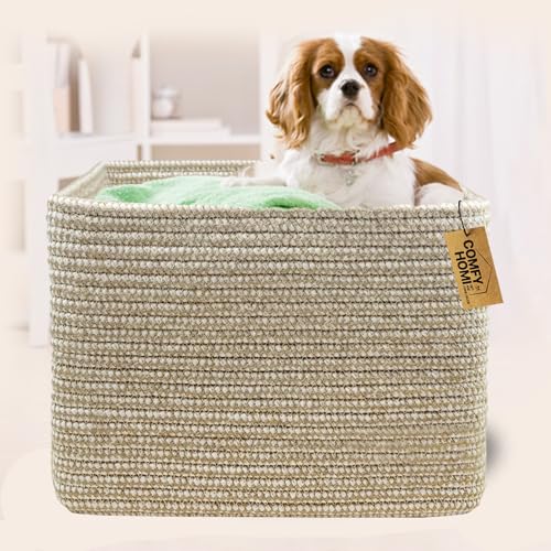 COMFY-HOMI Square Woven Cotton Rope Basket for Organizing, Gift Baskets for Handles, Empty Gift Baskets, Toy Basket for bins|13.5" x 11" x 9.5" home decor for Living Room, Bathroom - color: Camel/White, size: 13.5"X11"X9.5"