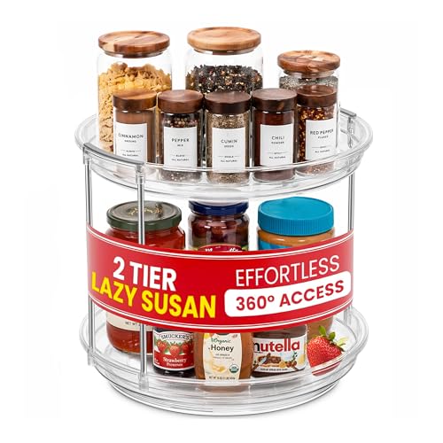 Oizeir 2 Tier Lazy Susan Organizer for Cabinet, Clear Acrylic Rotating Spice Rack Turntable for Kitchen, Pantry, Countertop, Bathroom, Vanity – Double Tier Storage Carousel with Metal Supports - size: 1-Pack