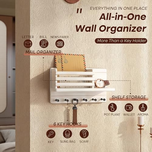 Rebee Vision Farmhouse Pine Wood Key Holder Wall Mount - Key Holder for Wall with Storage Shelf & 6 Hooks - Decorative Mail Organizer with Round Corner for Home Decor (White) - color: White