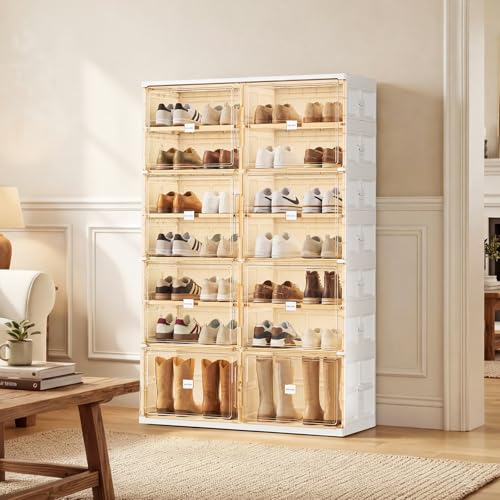 JEKO&JEKO 7 Tiers Foldable Boot and Shoe Storage Rack Cabinet for Closet Entryway, Large Collapsible Shoe Organizer with Magnetic Doors (White) - color: Double-row, size: 7 Tiers (6+1 Boots)