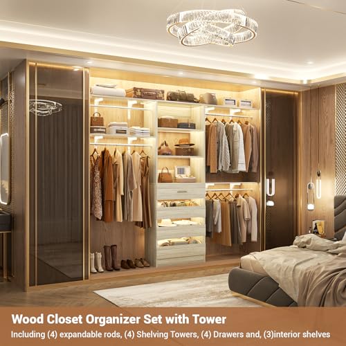 Aheaplus Closet System with Drawers, Wood Closet Organizer System with 4 Hanging Rods & Top Shelves, Walk-in Closets Organizer Wardrobe Clothes Rack, Cut Fits Spaces 4-9FT. Wide, White Oak - color: White Oak-1Set