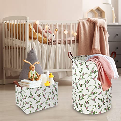 NTAOHAMPER Large Round Canvas Linen Laundry Hamper,Waterproof Storage Bin for Books/Clothes, Laundry Basket, Gift Basket(Eucalyptus leaves) - color: Eucalyptus leaves