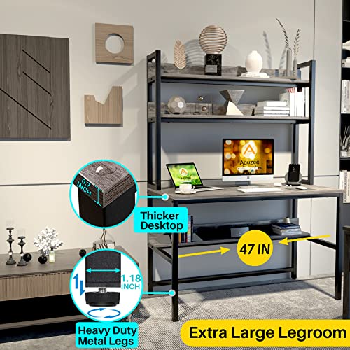 Aquzee Desk with Hutch Bookshelves, Computer Desk with 3 Tiers Storage Shelves, Space Saving Design Black Metal Legs Desk with Grey Board, Easy Assemble - color: Grey, size: 47inch