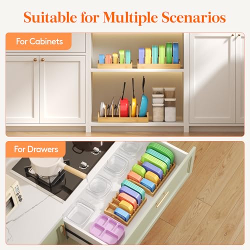 Lifewit Bamboo Lid Organizers for Inside Cabinet, Food Storage Container Lid Holder with 4 adjustable Inserts & 5 Sections, Kitchen Pantry organizer and storage, 10.6" X 8.3" - size: Medium(10.6" x 8.3")