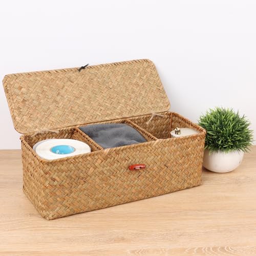 Moosky Wicker Shelf Baskets with Lid,Rectangular Seagrass Woven Storage Baskets with Dividers for Bathroom Organizer Small Bins Home Decor (Natural) - color: Natural