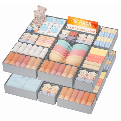 DIMJ Drawer Organizer Clothes Storage - 18 Pack Baby Dresser Organizer for Nursery, Foldable Closet Drawer Organizer Bins for Bedroom Organization, Fabric Storage Dividers for Socks, Underwears, Bras - color: Gray, size: 18 Pack