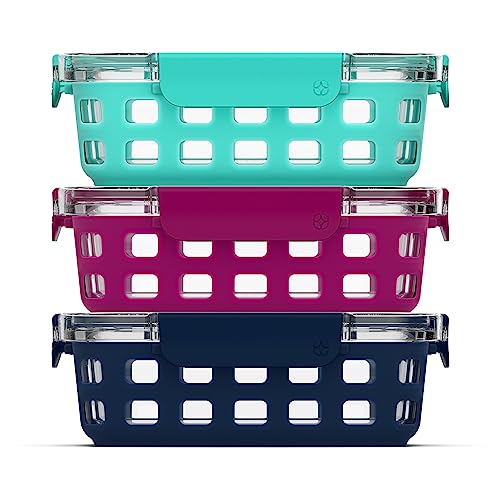 Ello Duraglass 3.4 Cup Meal Prep Sets 6Pc, 3 Pack Set- Glass Food Storage Container with Silicone Sleeve and Airtight BPA-Free Plastic Lids, Dishwasher, Microwave, and Freezer Safe, Berry - color: Mixed Berry, size: 3.4 Cup