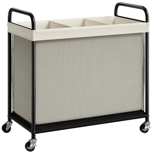 ELYKEN Laundry Hamper 3 Section, 120L Rolling Laundry Sorter with Removable Liner Bag, Laundry Basket with Wheels, Steel Frame with Metal Handle, Clothes Hamper Cart for Laundry Room & Bedroom - color: Beige, size: 3-Section