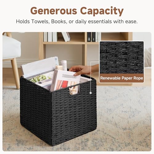 StorageWorks 13 inch Wicker Storage Baskets, Handwoven Wicker Basket for Organizing, Foldable Square Storage Cubes, Black, Paper Rope, 2 Pack - color: Black, size: 13"L x 13"W x 13"H