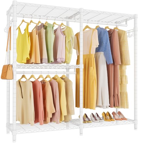 VIPEK V4 Garment Rack for Hanging Clothes, Portable Wardrobe Freestanding Closet Organizer, Heavy Duty Clothes Rack Metal Clothing Rack with 3 Hanging Rods & 2 Side Hooks, Max Load 810lbs, White - color: White, style: V4