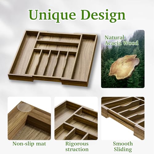 Kiasthome Acacia Wood Kitchen Silverware Drawer Organizer, Expandable Utensil Cutlery Drawer Organizer with Dividers, Flatware Organizer Silverware Tray for Spoon, Fork, 13''-20''x16.9'' (7-9 Slots) - size: 9 Slots Expandable