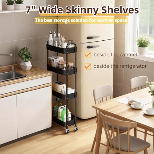 4 Tier Slim Storage Cart with Wheels for Laundry Room Between Washer and Dryer, 7.1'' Narrow Rolling Cart with Wheels and Lockable Casters, Metal Thin Standing Shelf for Small Space, Black - color: Black, size: 4 tier