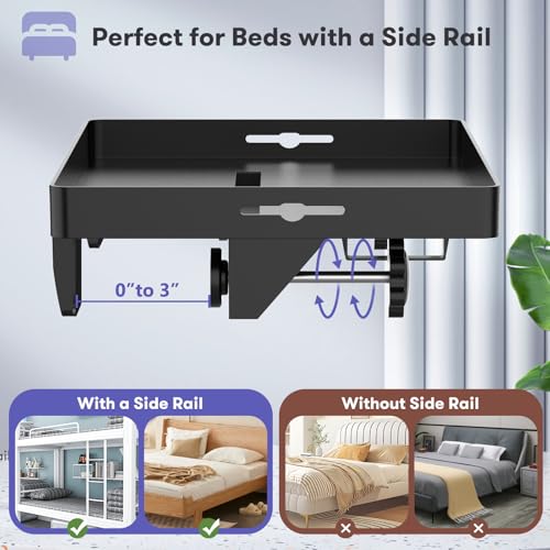 Bedside Shelf, Bunk Bed Table Shelf for Top Bunk, Black Clip On Nightstand with Removable Cup Holder&Power Strip Holder,Bunk Bed Tray for Dorm Bed&Loft Bed,College Dorm Room Essential(Updated Version) - color: Black