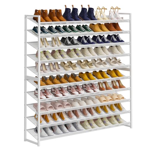 Large Shoe Rack 10 Tier Shoe Organizer, Heavy Duty Metal 5-Tier Stackable Shoe Storage Vertical Shoe Rack for Closet Front Door Entrance, Up to 62 Pairs, 44.8" W x 11.4" D x 71.2" H, White - color: White, size: 10 Tier