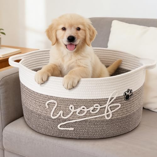 Woof Dog Toy Basket with Handles, Large Dog Toy Storage Bin with Paw Print, Woven Dog Basket for Blankets, Toys, Chews, Pet Toy Box for Nursery, Living Room, Bedroom, 17”x12”x9, Brown - color: Brown