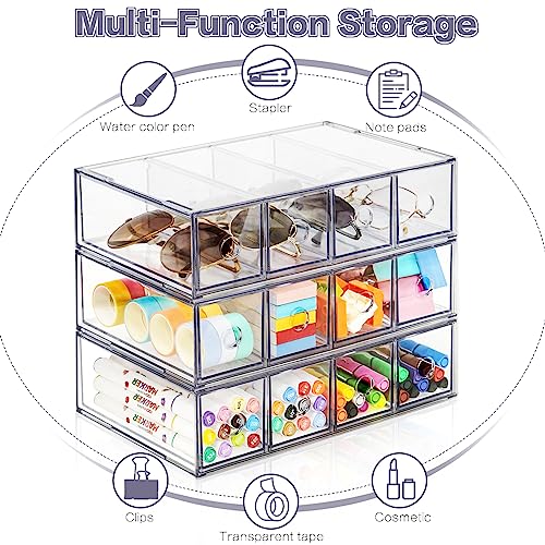 Desk Organizer with 12 Drawers, FODIENS 3 Packs Stackable Desktop Storage Box with Removable Drawer, Clear Sunglasses Organizer Display Case for Stationery Marker Pens Eyeglasses Office Supply - style: 3 Layers -12 Drawers