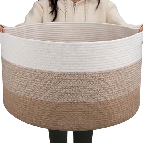 OIAHOMY 90L Blanket Basket for Living Room, Large Basket 23" x 23" x 13" with Handle, Laundry Hamper for Blankets, Pillows, Toy Storage for Kids, Dogs - Gardient Light Brown - color: Gardient Light Brown, size: 23" x 23" x 13"