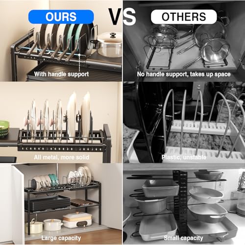 Mustorn Pots and Pans Organizer Under Cabinet, Expandable 2 Tier Under Sink Organizers and Storage Adjustable Height Kitchen Pot and Pan Lid Holder Rack with 12 Dividers Under Cabinet Shelf(Black) - size: 4panels &2 pot rack-2 Tier