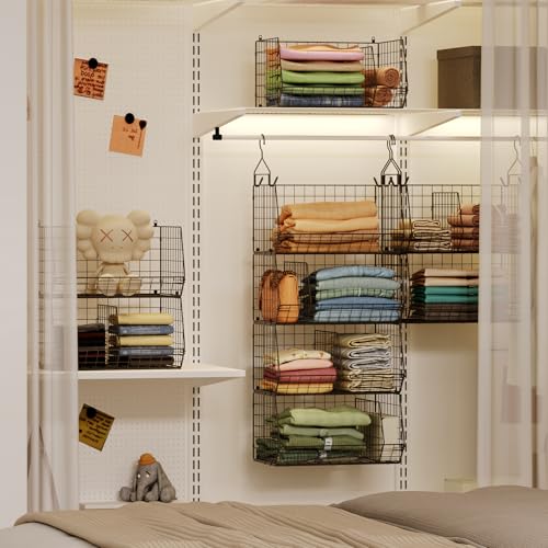 4 Tier Hanging Closet Organizer with Dividers,Extra Large Storage Hanging Shelf with 5 S Hooks 4 Dividers,Hang on wire closet shelving Clothes Organizer-Black - color: Black, size: 4-Tier