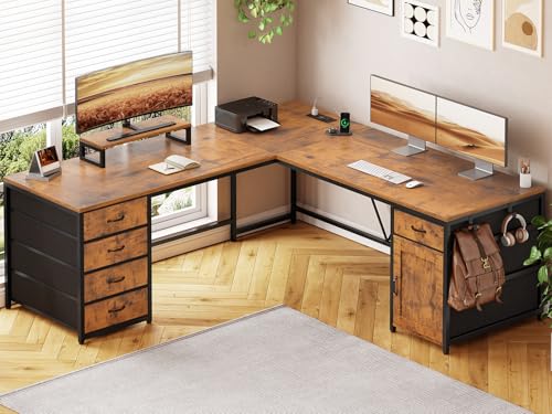 SEDETA L Shaped Desk, 63'' Corner Desk with 5 Drawer & Power Outlet, Larger Home Office Desk or Gaming Desk, L Shaped Corner Desk with Monitor Shelf, Storage Cabinet, Rustic Brown - color: Rustic Brown