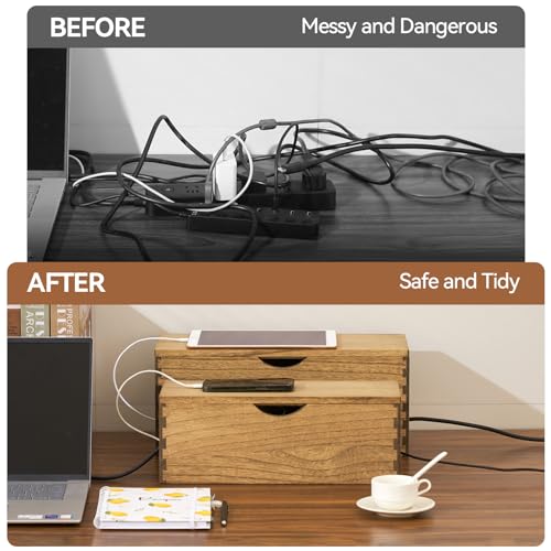 KIRIGEN Wooden Cable Management Box Set of 2 - Solid Wood Large & Small Cord Organizer Hides Power Strips, Chargers & Wires for Desk, TV Stand, Home Office Brown DXH2T-DBR - color: Dark brown