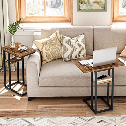 HOOBRO Foldable End Table, C Shaped Side Table with Storage Shelf, Small Snack Table Suitable for Living Room Bedroom Small Spaces, Easy Assembly, Rustic Brown BF29SF01 - color: Rustic Brown + Black