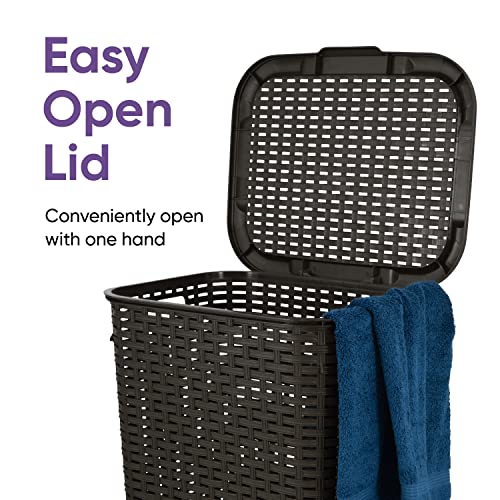 Plastic Laundry Hamper with Lid 3 Pack Laundry Hamper Basket, Brown Tall Cloths Hamper Organizer with Cut-out Handles. Space Saving for Laundry Room Bedroom Bathroom, Wicker Design 60 Liter - color: Brown, size: 3-pack