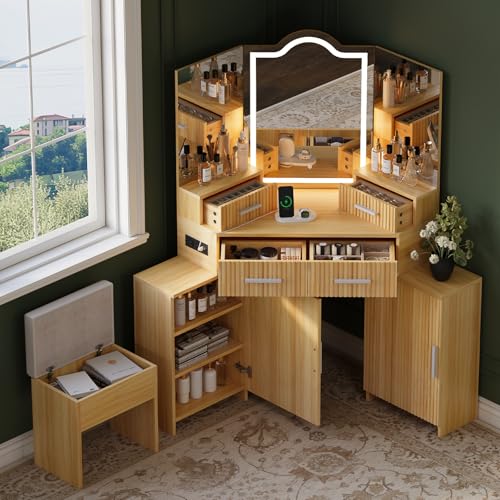 FURSUN Fluted Makeup Vanity Desk with HD 3 Way Mirror and Lights, 51" Large Corner Vanity Table with Charging Station, Dressing Table with 4 Drawers & 2 Storage Cabinets for Bedroom, Natural Oak - size: 20.0"D x 51.2"W x 56.3"H, style: Natural Oak