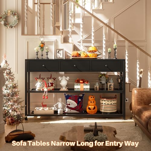 Ecopriso 47'' Entryway Table with Outlets and USB Ports, Console Table with 3 Drawers, Sofa Table Narrow Long with Storage Shelves for Living Room, Couch, Hallway, Foyer, Kitchen Counter, Black - color: Black, size: 47-In