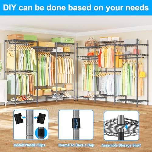 Ulif E13 Heavy Duty Clothes Rack（With 4 Hanger Rods & 8 Shelves） Freestanding Clothing Racks for Hanging Clothes，Adjustable Closet Organizer，Metal Garment Rack 63" W x16 D x77 H，Max Load 900LBS，Grey - color: Grey, size: E13