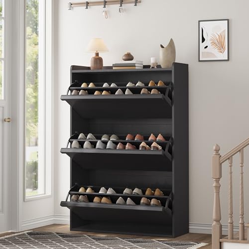 GarveeHome Shoe Cabinet with 3 Flip Drawers, Wooden Shoe Organizer Cabinet with Adjustable Shelf, Shoe Storage for Entryway, Hidden Shoe Cabinet for Hallway, Living Room, Black - color: Black, size: 3-Drawers