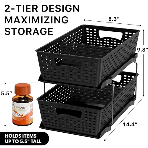 Simple Houseware 2 Tier Bathroom Organizer Tray Pull-Out Sliding Drawer, Under Sink Storage, Black - color: Black