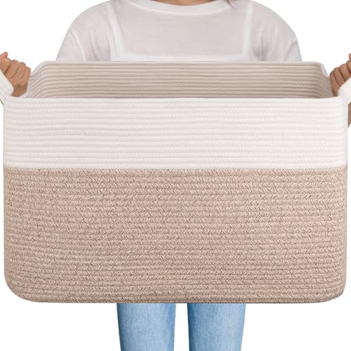 OIAHOMY Extra Large Blanket Basket, 95L Cotton Rope Woven Laundry Basket, Toy Bin for Baby Room, Container for Blanket Storage in Living Room, 24''×17''×14'', Brown & White - color: Brown & White, size: 95L