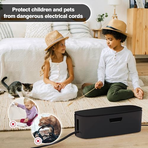 Cable Management Box - Large Cord Organizer Box to Hide Power Strip & Under Desk, TV Computer Wires Cable Organizer Box with Baby Proofs, Desk Cord Organizer for Home/Office - Black - color: Black