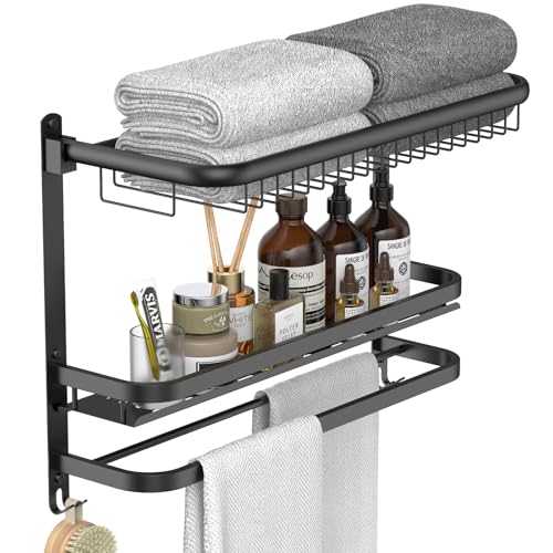 CAXIMSY Foldable 23.22 Inch Rowel Rack Wall Mounted with Bathroom Shower Shelves Stainless Steel Towel Bar Without Drilling and Screw Installation (Black) - color: Black