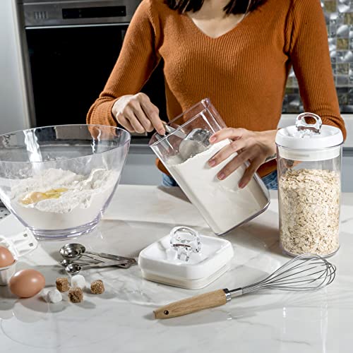 Felli Flip Tite Storage Container with Built-In Spoon & Airtight Lid 5” Large-M Ring Flip Top, Stackable Acrylic Canister for Sugar Flour Powder, Kitchen Pantry Organizer (1.8qt), 2 spoons - color: White, size: 5"