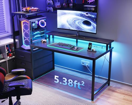 AODK 52 Inch Gaming Desk with USB Charging Ports & LED Light- Reversible Computer Desk with Storage Shelves & Monitor Stand, Modern Gamer Desk Table with Fabric Drawers, Black - color: Black, size: 52 inches