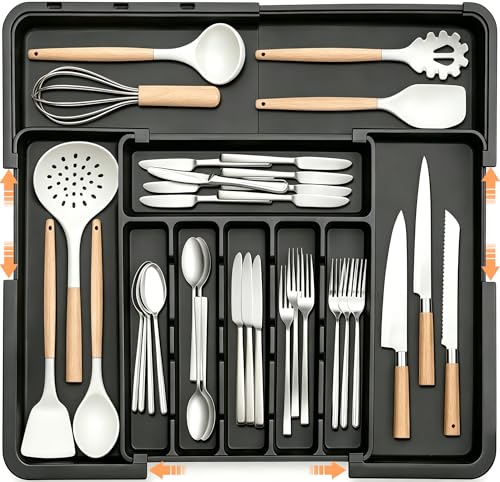 Spaclear Silverware Organizer Expandable Kitchen Utensil Drawer Organizer Large BPA Free Adjustable Cutlery Silverware Tray for Spoons Forks Knives Storage Divider for Kitchen Flatware 6-9 Slots Black - color: Black