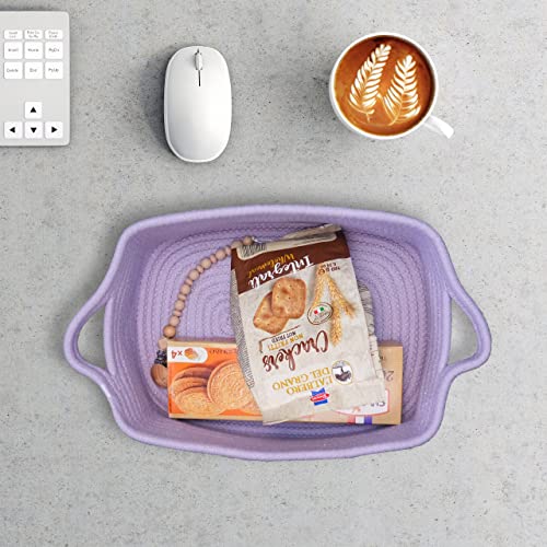 XUANGUO Woven Cotton Rope Storage Basket with Handles for Organizing Shelves Closet Small Cat Dog Pet Toy Baskets Box Bin Decorative Rectangle Baby Nursery basket Gift basket Empty(light purple) - color: light purple