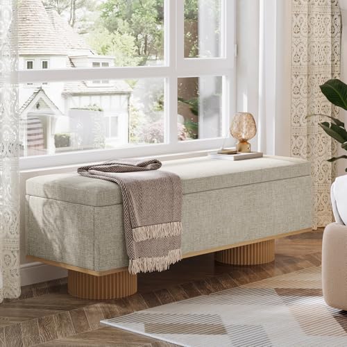 Tribesigns 50.39" Storage Bench with Padded Seat Cushion, Upholstered Shoe Bench with Flip Up Storage for Bedroom, Living Room, Entryway, Load up to 330 lb, Beige + Wood Color