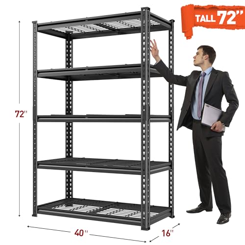 REIBII 40" W Metal Storage Shelves, 5 Tier Steel Garage Shelves, 72" H Adjustable Industrial Shelving Unit and Storage Shelf for Kitchen, Office, Basement, Pantry, Closet, Shed, 2750LBS - size: 40"Wx16"D x 72"H
