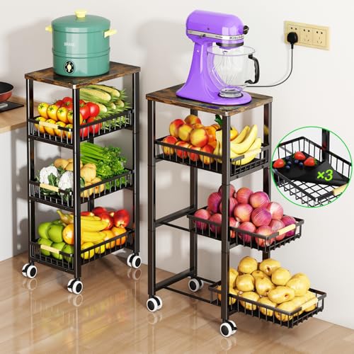 Fruit Vegetable Storage Basket for Kitchen, 4 Tier Large Pull-Out Metal Wire Baskets with 3 Pack Mats Bottom, Wood Top and Wheels, Vegetable Produce Bins Stand Cart Rack for Onions and Potatoes - color: 4 Tier-black With Three Mats and Wood Top