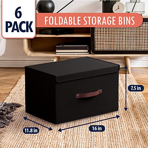 Ornavo Home 6 Pack Collapsible Storage Bins with Lid, Foldable Linen Fabric Shelf Storage Basket Closet Organizer and Large Storage Box for Clothes with Leather Handles, 16.5 x 11.8 x 7.5, Black - color: Black, size: XLarge - 6 Pack