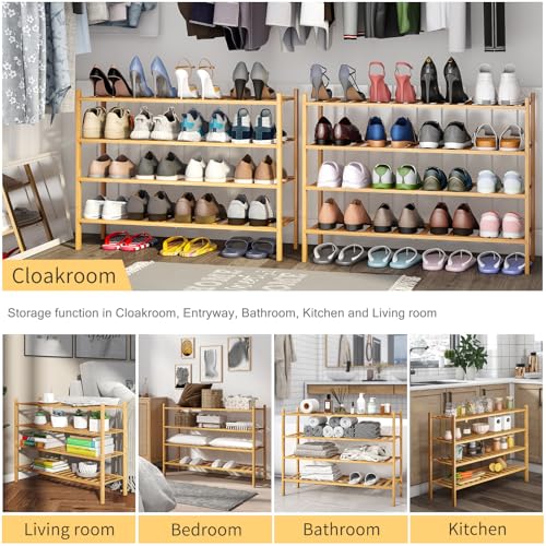 Long Shoe Rack, 4-Tier Bamboo Stackable Shoe Shelf Storage Organizer, Shoe Stand for Closet, Entryway and Hallway - color: Natural, size: 4-Tier-Long