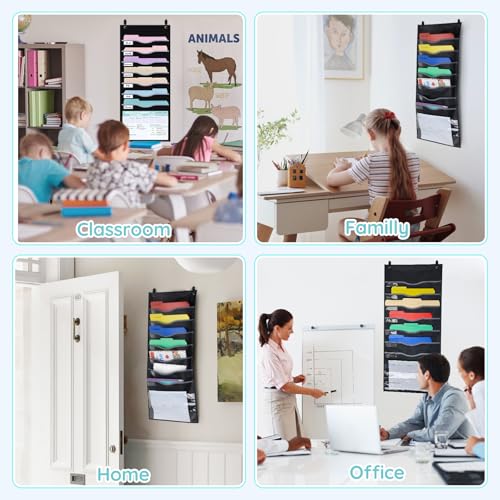 ALSLEA 8 Pockets Hanging Wall File Organizer 15" Extra Wide Pocket Chart for Classroom, Office, Home, Mail Organizer Wall Mounted with 1 Writable Clear Pocket, 5 Wall/ Door Hooks & 12 Labels (Black) - size: Medium (8 Pockets)