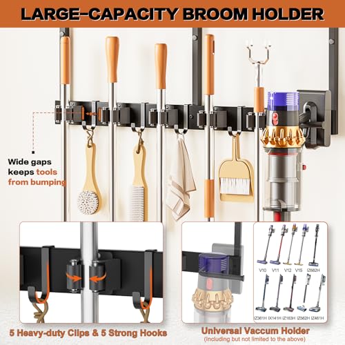 Broom Holder Wall Mount with Cleaning Supplies Organizer, Laundry Room Organization and Storage Shelves with Mop Hanger Rack Gripper Hooks, Utility Shelf Closet Organizer for Home Garage Kitchen - size: Large