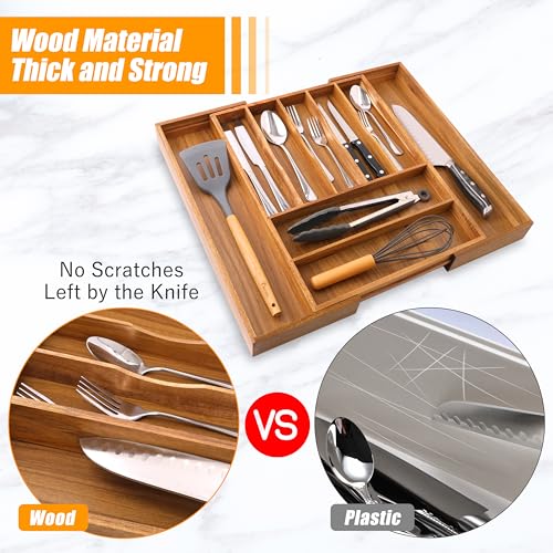 Bellsal Large Premium Acacia Wood Silverware Organizer - Expandable Utensil Drawer Organizer - 17"x19.6" Utensil Holder and Cutlery Tray with Grooved for Kitchen Flatware Utensils(7-9 Slot, Acacia) - color: Acacia, size: 9 Slots Expandable